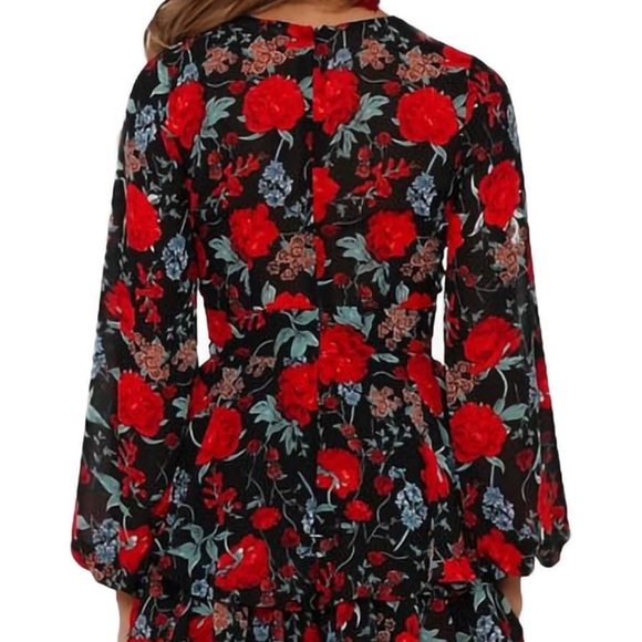 Women's Romper Floral Print V Neck Baggy Sleeve Waist Tie Layered Ruffle Hem - Picture 5 of 6